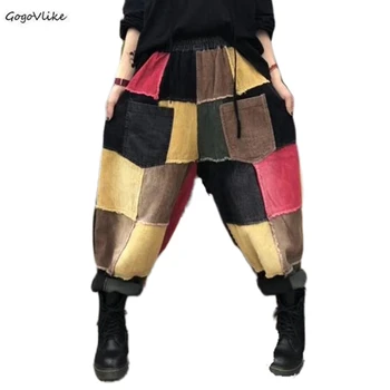 

Women Winter Pants Corduroy Trousers for Ladies Big Loose Patchwork Contrasted Color Vintage Casual Fashion Plaid Pants SA609S30