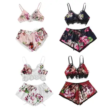 

2020 koszula nocna Top and Shorts New Fashion V-Neck Pajamas Sets Sexy Lace Sleepwear crop top Nightwear Satin Cami Top femme
