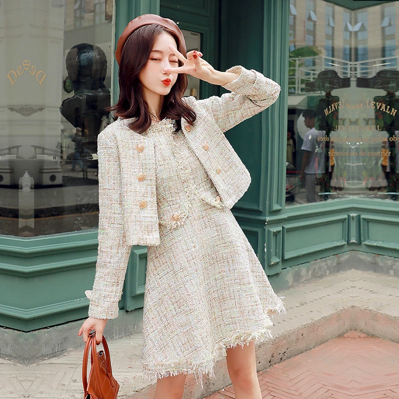 Tassel Tweed Женский комплект 2 шт. новая осенне-зимняя женская короткая куртка с металлической пуговицей пальто+ шерсть без рукавов комбинированный жилет комплект с платьем