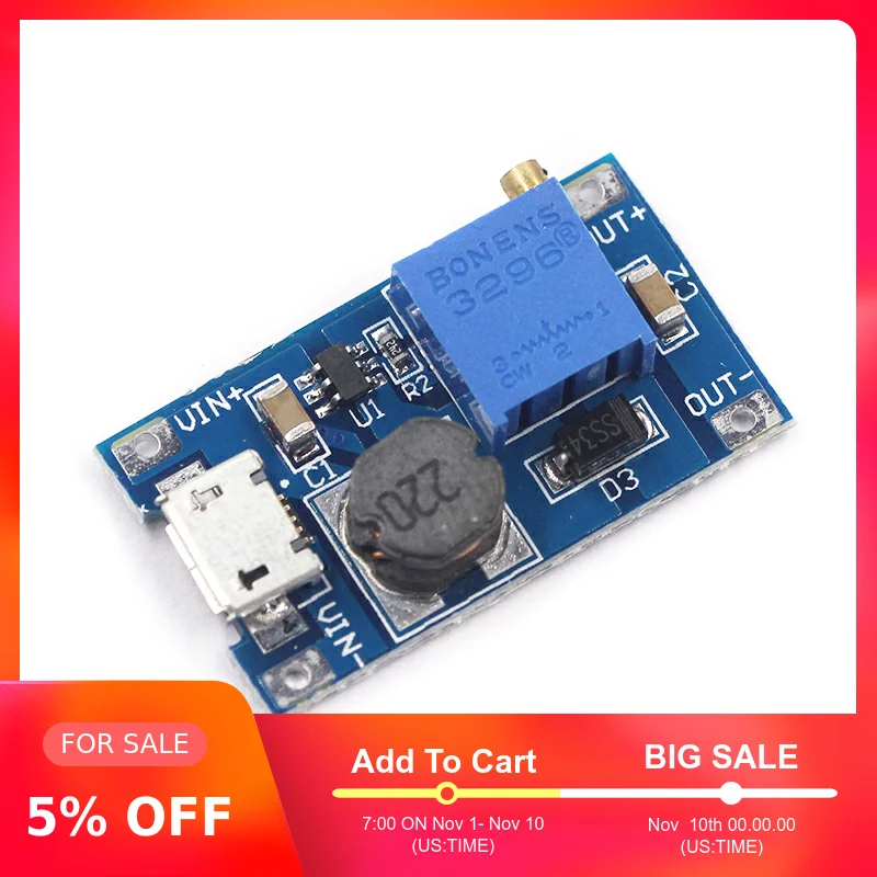 MT3608 DC регулируемый Повышающий Модуль 2A повышение пластина Step Up с MICRO USB 2 V 24 5V 9V 12V