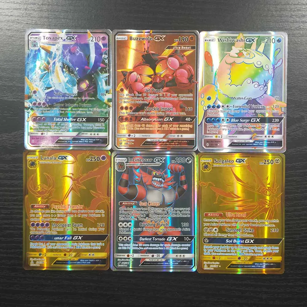 TAKARA TOMY, 100 шт., Покемон, карты, коллекция Sun Moon, битва, сияющая карточная колода, настольная игра, детские игрушки, 95 GX, 5 мега флэш-карт