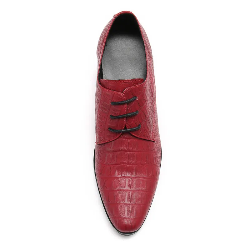 Red Embossed Leather Wedding Dress Shoes Men High Heels Men's Career Work Pointed Toe Lace Up Height Increase Shoes Size 37 46