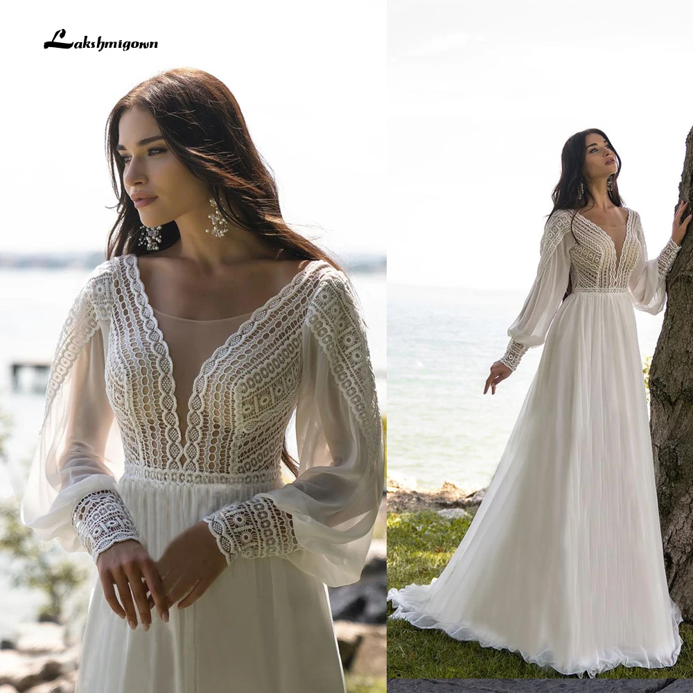 

Bohomia Wedding Dresses Elegant Lace Chiffon Beach Bridal Gowns V-Neck Puffy Long Sleeve Classic Wedding Dresses