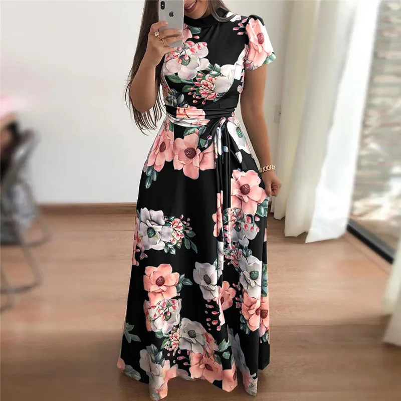 

Women Summer Dress 2019 Casual Short Sleeve Long Dress Boho Floral Print Maxi Dress Turtleneck Bandage Elegant Dresses Vestido