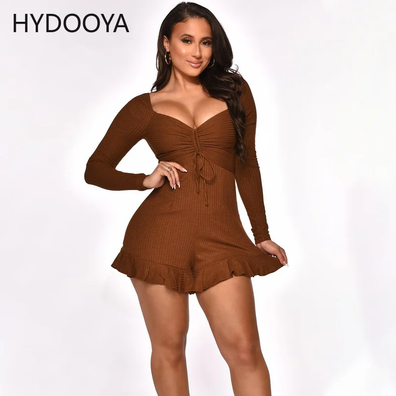 Solid Knitted Sexy Women Ruffles Playsuit Jumpsuit Spring Autumn V-Neck Drawstring Long Sleeve Bodycon Romper Chic Party Outfits