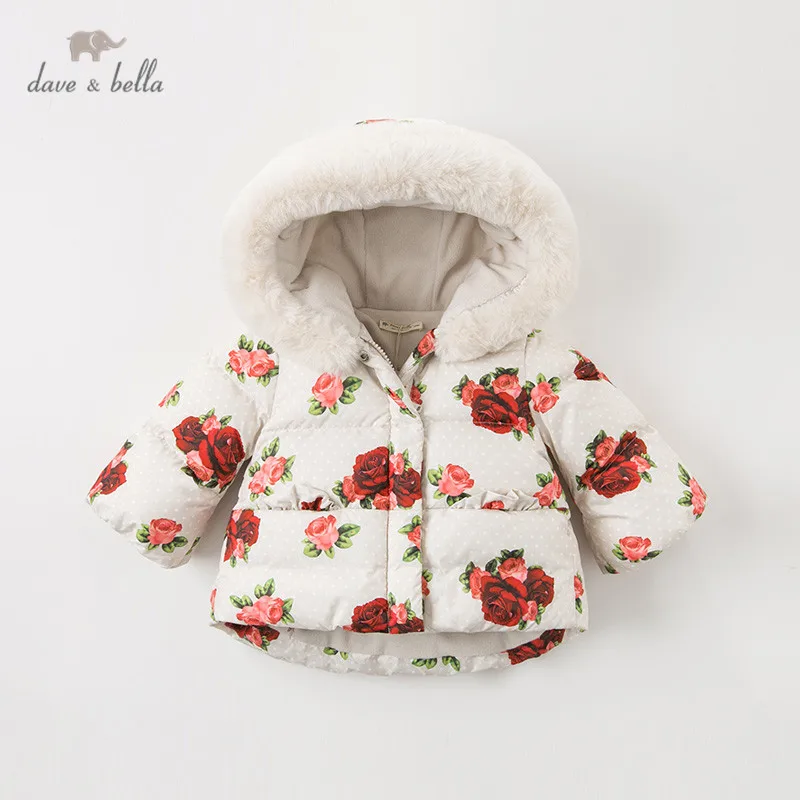 DB12005 dave bella/зимнее пуховое пальто с цветочным рисунком для маленьких девочек верхняя одежда с меховым капюшоном Детская куртка на 90% белом утином пуху с подкладкой