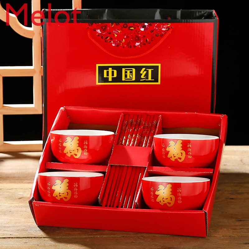 

Chinese-Style Ceramic Red-Fu Character Glaze Bowl New Year Gift Chinese Red Gift Mixing Bowl Set Kawaii Bowl enamel bowl