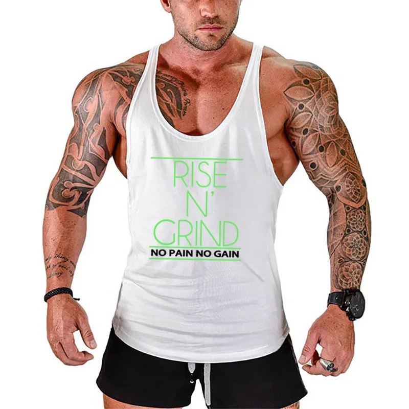 

Brand No Pain No Gain Letters Print Gym Stringer Tank Top Men Bodybuilding and Fitness Vests Cotton Singlets