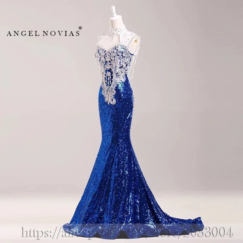 

Long Elegant Royal Blue Sequined Mermaid Evening Dresses 2020 High Neck Crystal Red Carpet Celebrity Formal Prom Party Gowns