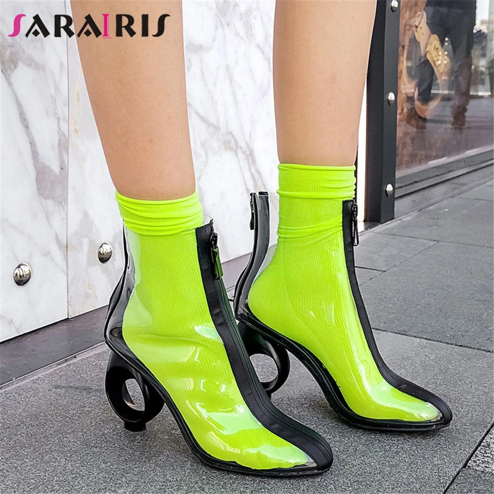 

SARAIRIS New Big Size 33-42 Brand Genuine Leather Strange Style Transparent Shoes Woman Fretwork Heels Abkle Boots Women