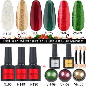 

VERONNI Nail Art Beauty Kit UV Gel Nail Polish Set With Base Coat and Top Coat Nail Glitter Polish Powder Fashion 8pcs Set