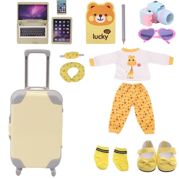 

New Yellow Doll Bear Clothes Shoes Suitcase Set For 18Inch American Doll&43CM Born Baby Generation Russian Girl's Christmas Gift