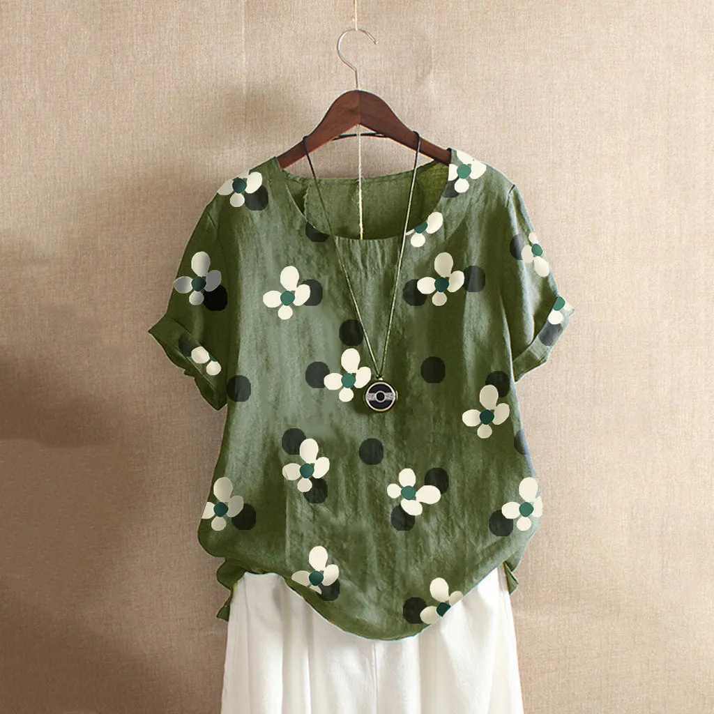 

Women's round neck short sleeve printed cotton and linen retro top summer comfortable wild casual short sleeve floral print 04*