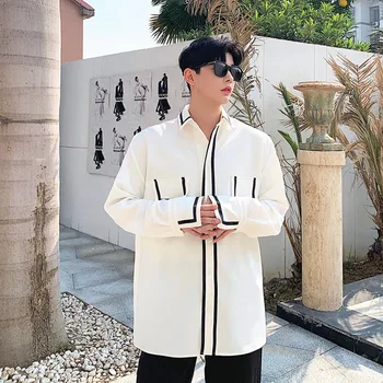 

Male Japan Korea Harajuku Streetwear Vintage Fashion Shirt Men Black Splice Side Long Sleeve Casual Shirt