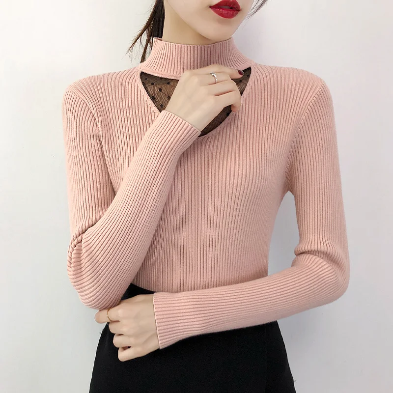 Lady's Style Half-neck Sweater with Lace Stitching 2009 New Long-sleeved Slim Knitted Underwear in Autumn and Winter - Цвет: see chart