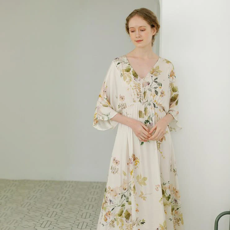 New spring and summer ladies nightdress viscose fiber V-neck elegant rose print satin long dress home skirt plus size sexy women