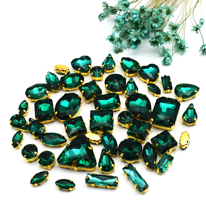 

Super Flash Gold Claw Crystal Green Mix Shape Glass Sew on Rhinestones DIY Clothing