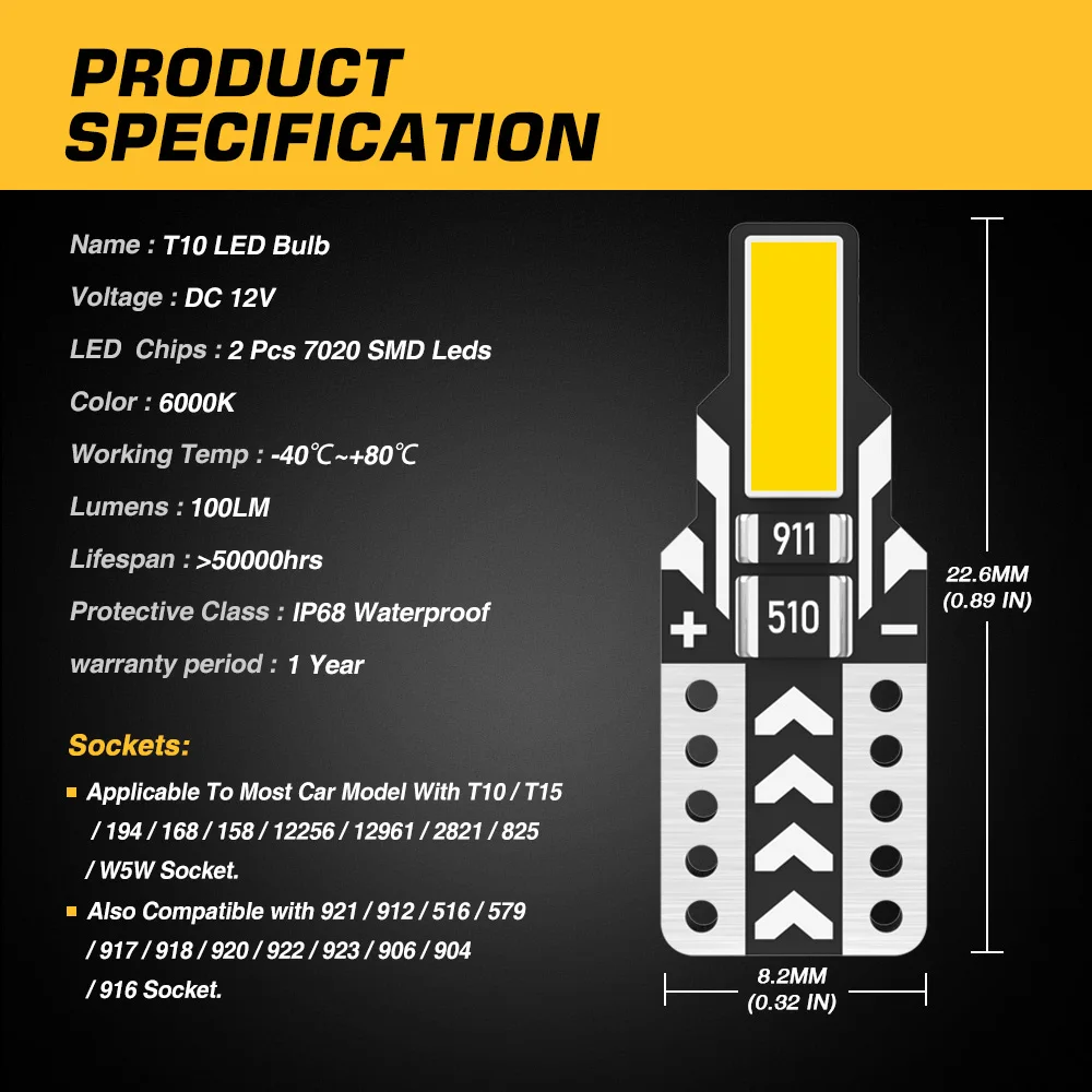 NOVSIGHT W5W T10 ڵ LED  7020 SMD LED ڵ ȣ  6000K 12V 100Lm ׸  Ʈ ڵ ׼