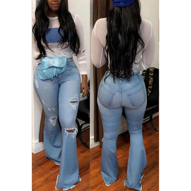 Fashion Flare Jeans Pants Women Retro Ripped Jeans Wide Leg Denim Trousers Ladies Casual Bell-Bottoms Flare Pant Female 2020 Hot