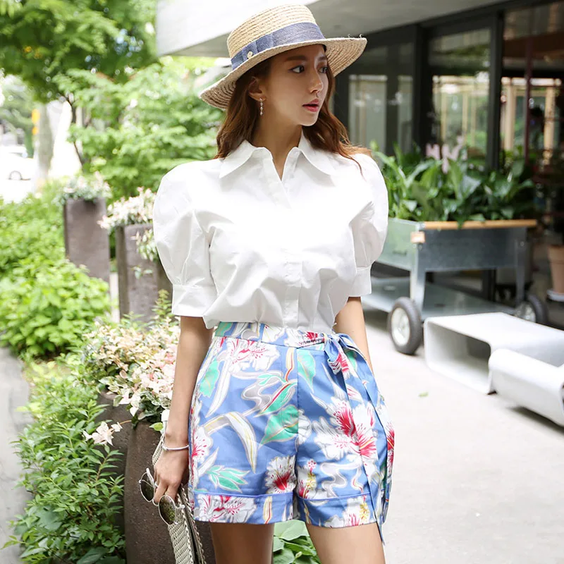 

New Style Two-Piece 2020 Summer Wear Korean-style Elegant Shirt Tops Fashion Lace-up Printed Shorts Set