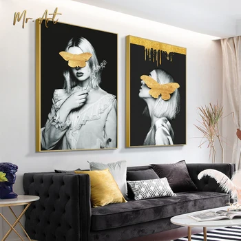 

Figure Canvas Painting Delicate Butterflly Woman Pictures for Living Room Bedroom Wall Art Home Decoration Modern Black Poster