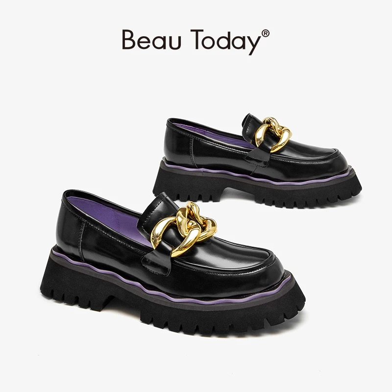 BeauToday mocasines de plataforma mujer, zapatos de cuero de vaca con cadena de Metal, punta redonda, sin cordones, con borde ondulado, hechos a mano, 27763|Zapatos planos de mujer| - AliExpress