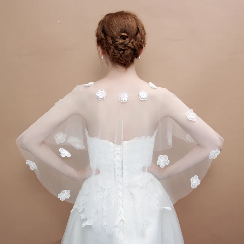 White Bridal Wedding Wrap Sheer Tulle Summer Cover Up Appliqued Hi-Lo Cape Women White Shawl Celebrity Party Jacket Bolero