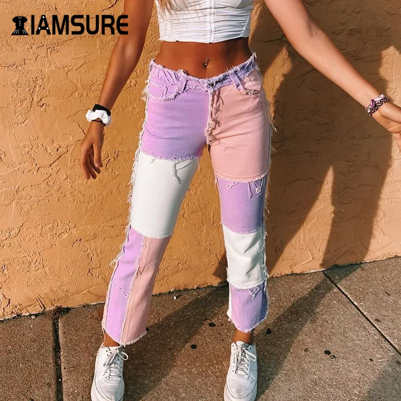 

IAMSURE Colorblock High Waist Casual Jeans Pants Women's 2020 New Streetwear Fashion Demin Pants Female Y2K Straight Trousers
