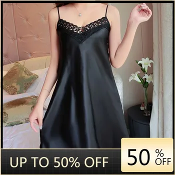 

Sexy Nightdress Deep V Lace Sleepwear Women Lingerie Silk Satin nightie Nightgown Sleeveless Sling Nightwear Home Dress