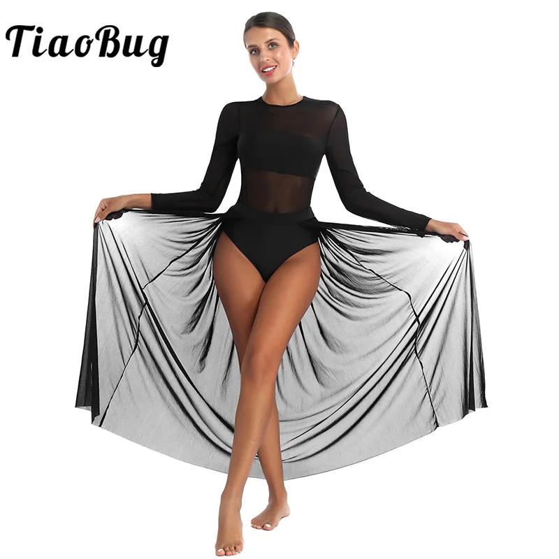 TiaoBug Girls Lyrical Dance Dress Sequin Side Split Ballet Leotard Modern Contemporary Overlay Maxi Skirt Dancing Costume 