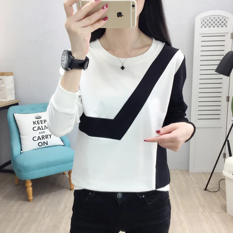 Camisas Mujer, футболка контрастного цвета, женские топы с длинным рукавом, футболка, женская одежда, осень-зима, белая повседневная одежда размера плюс