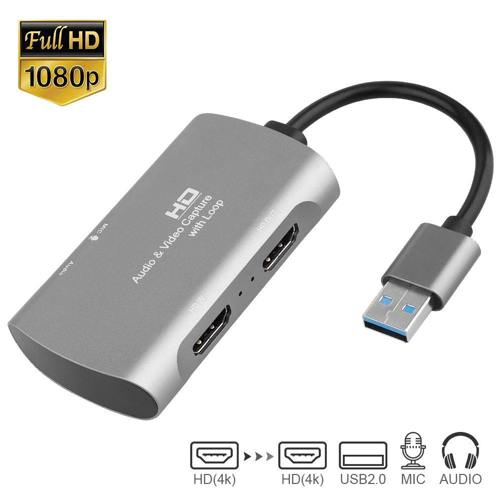 

4K HDMI To USB 2.0 Graphics Capture Card Video Recording Box PC Game Live Streaming Video Recorder Mic In Audio Out 1080P