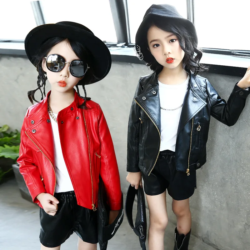 

2019 New Style Korean-style Versatile Coat Girls Big Boy Spring Solid Color Hypotenuse Zipper Leather Jacket Fashion