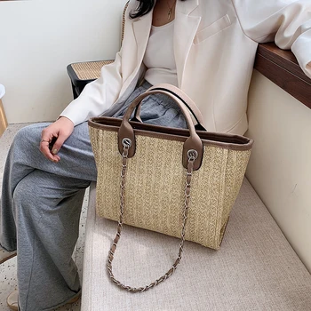 

High Quality Straw Women Chain Handbags Shoulder Bags Fashion Summer Beach Messenger Bags Casual Female Large Capacity Tote Bag