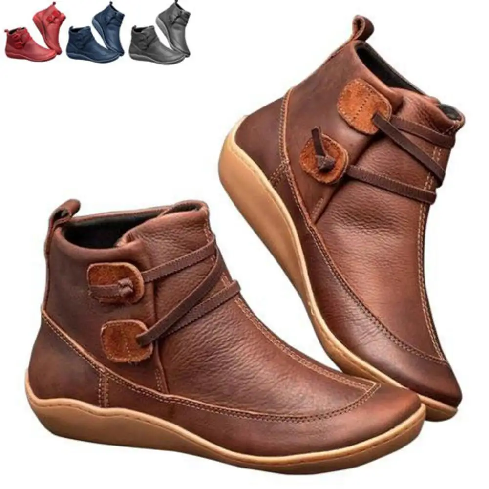 

Ankle Boots Women PU Leather Women's Winter Cross Strap Vintage Plush Punk Warm Short Boots Flat Ladies Shoes Woman All Season 4