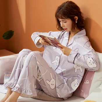 

QUEENX Pajamas set Women's pajamas Women's Autumn Long-Sleeved Cotton Spring and Winter Cartoon plus Size Casual home suit