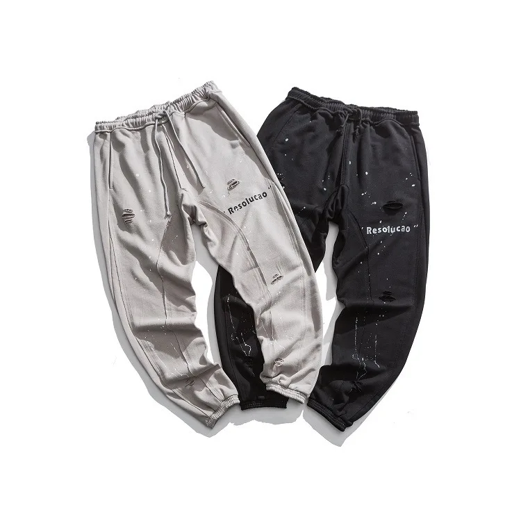 

Panda Stock 2020 Spring New Style Ink Printed with Holes Casual Pants Men's INS Popular Brand Long Pants Men's Trousers