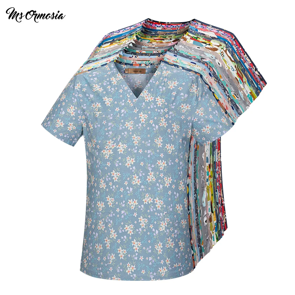 

Breathable comfortable fashion Pure cotton cartoon printed scrub tops Beauty Salon working Uniform Lab spa Pet Shop Scrub top