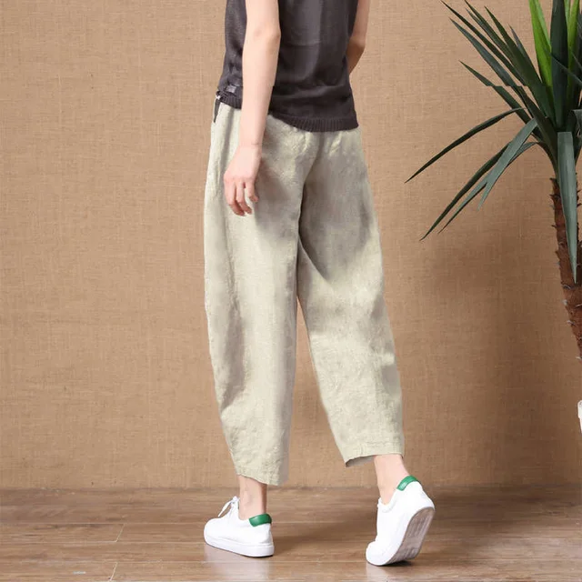 ShiMai Women's Cotton Linen Pants Elastic Waist Vintage Trousers Lady Loose Casual Pants S-5XL Retro Literary Cotton Trousers Khaki