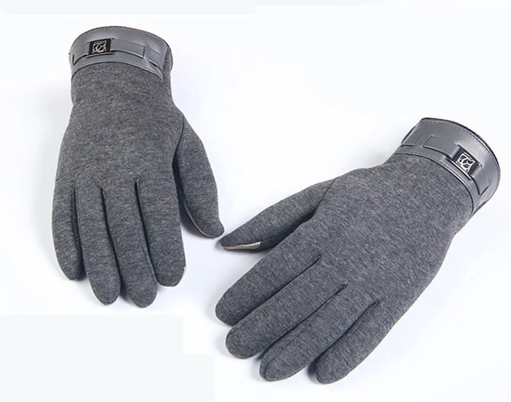 Мужские перчатки зимние кожаные полный палец теплые кашемировые перчатки сенсорный экран для смартфона открытый хлопок#4