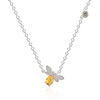 

Silver Plated Honeybee Natural Yellow Citrines Crystal Pendant Link Chain Necklace Insect Jewelry