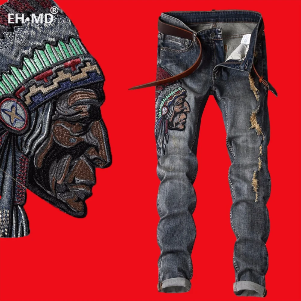 EH·MD® Indian Avatar Embroidered Jeans Men Scratch Long Cracks High Street Pants Soft Red Ears Blue Grey Slim 2020 Western Style EH·MD® Indian Avatar Embroidered Jeans Men Scratch Long Cracks High Street Pants Soft Red Ears Blue Grey Slim 2020 Western Style