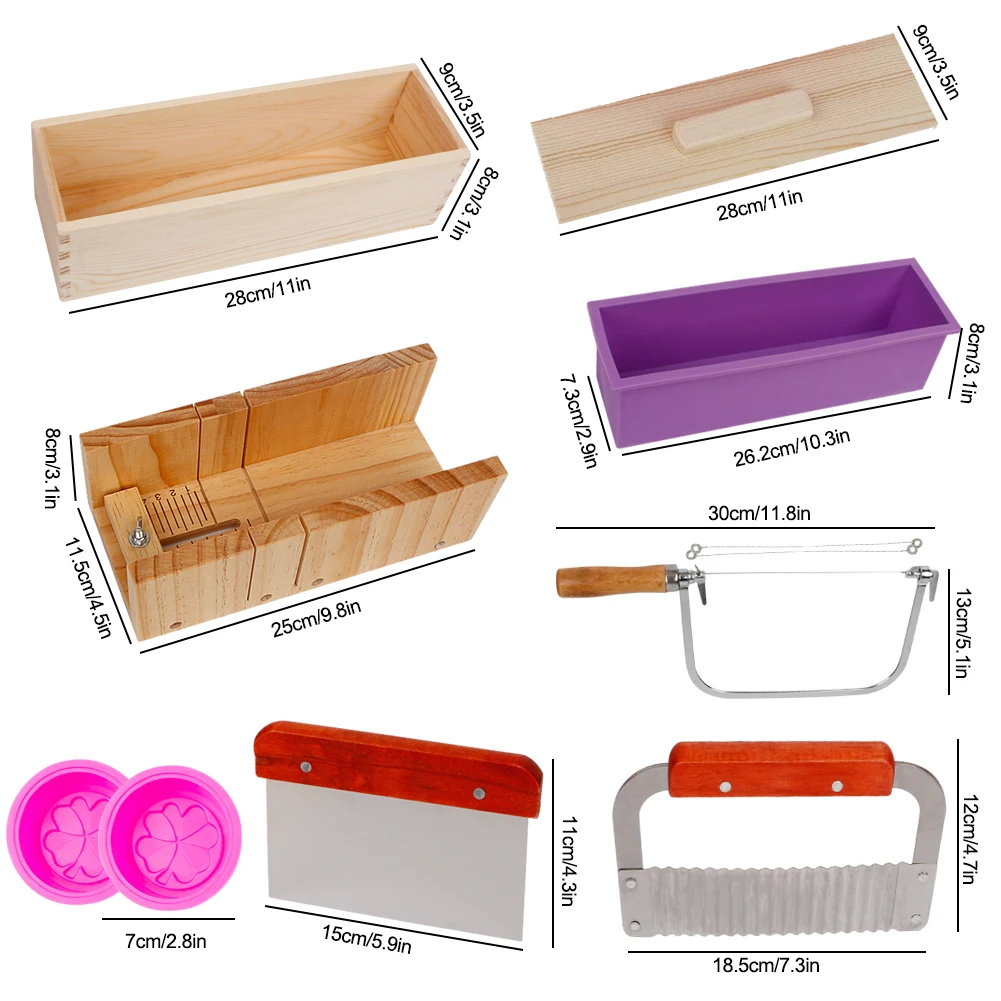 9pcs Soap Mold Silicone Handmade Soaps Making Tool Set Rectangular Adjustable Wooden Loaf Cutter Box 2 Stainless Steel Cutters