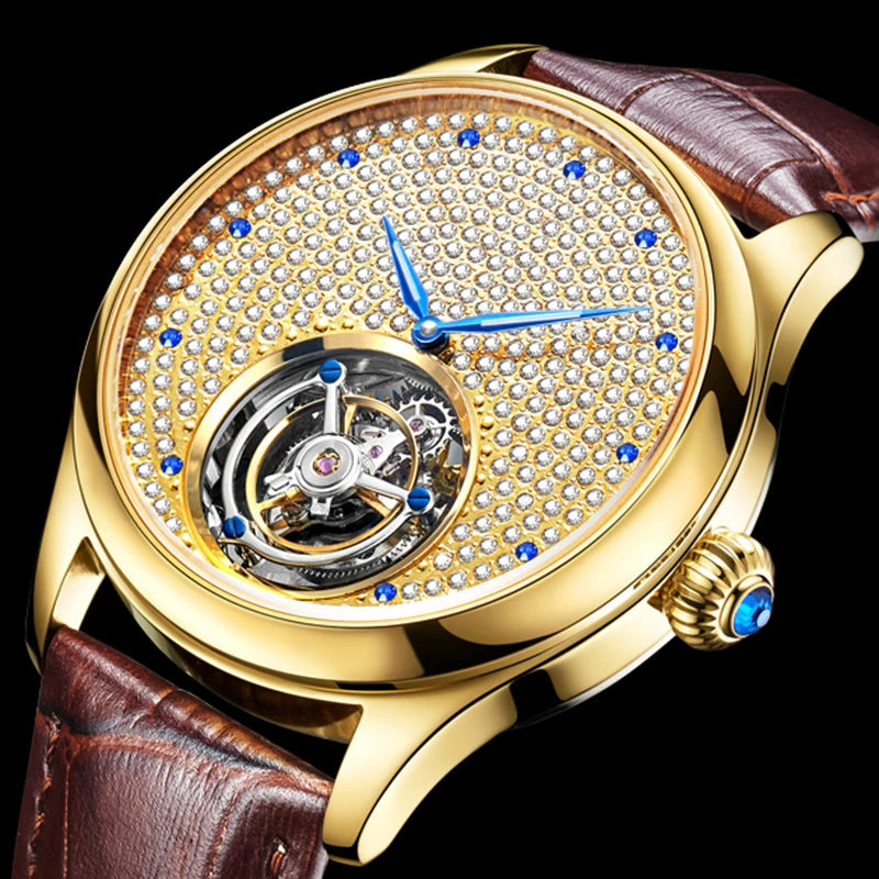 

100% Real Tourbillon Mechanical Hand Wind Sapphire Mens Watches Top Brand Luxury Rhinestone Clock men Gold Relogio Masculino