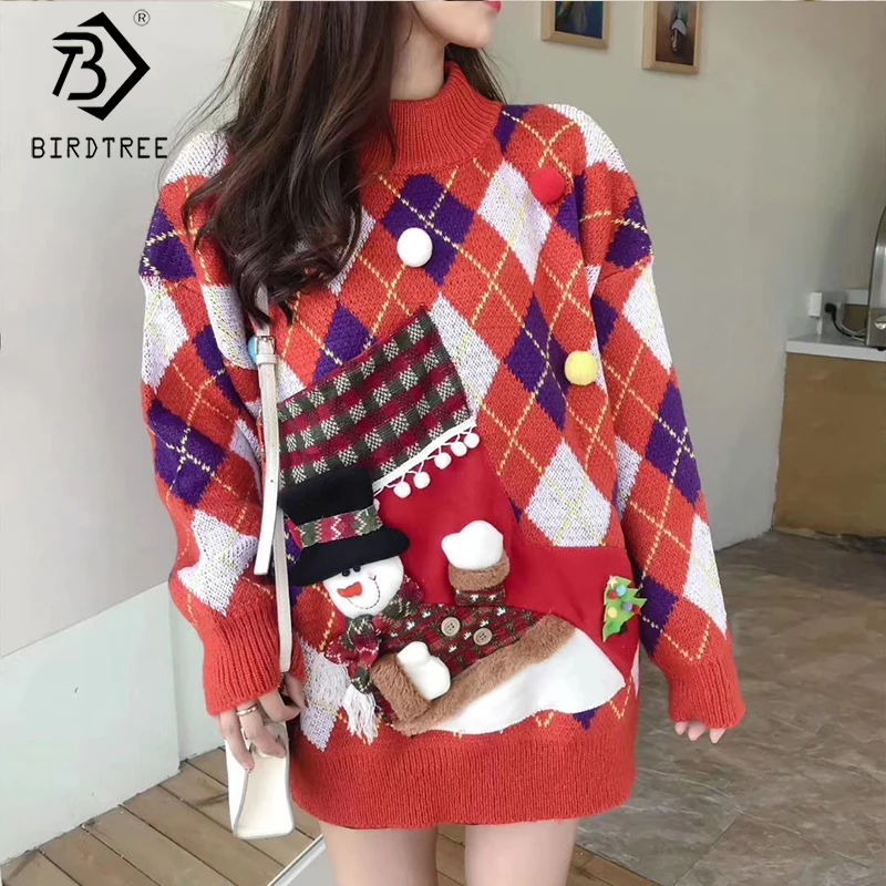 

2019 Ins Winter New Women's Christmas Knitting Sweater Pullovers Full Sleeve O-Neck Puppets Pockets Loose Ugly Sweater C9N006K