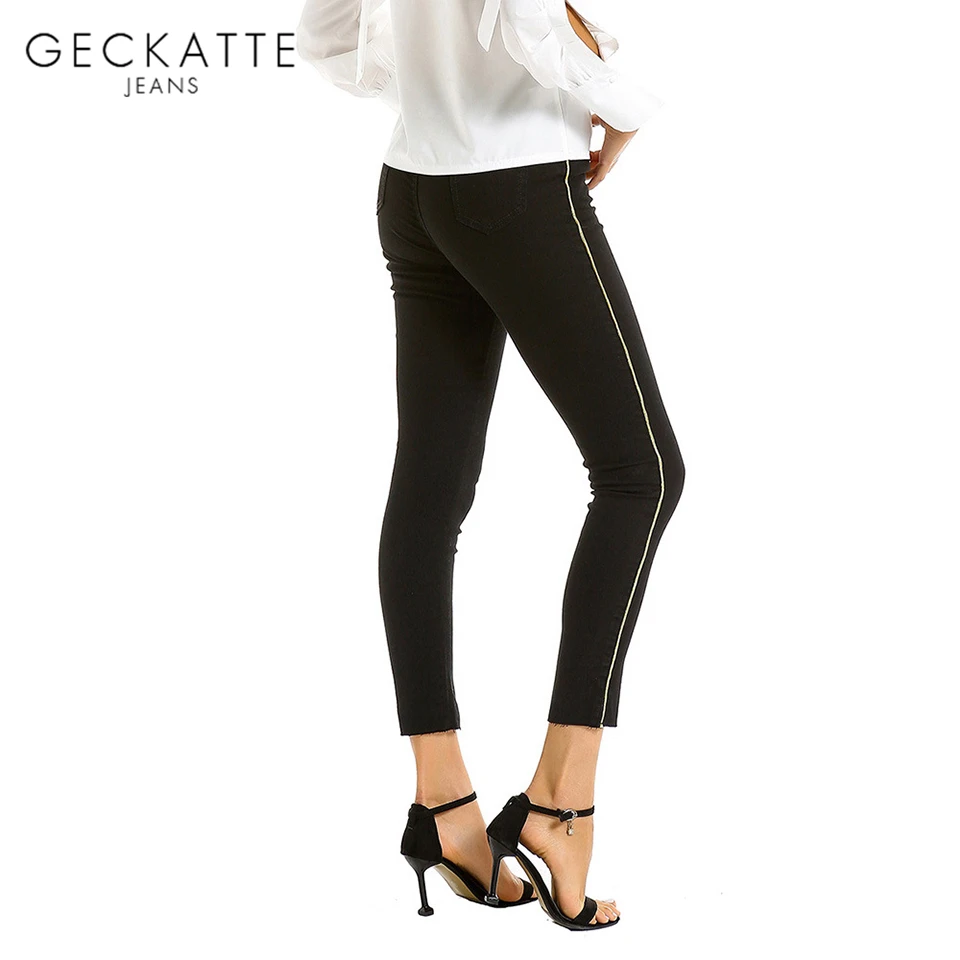 

GECKATTE Fall 2019 Black Mom Jeans Woman Skinny Side Stripe Sweatpants Washed Jeans for Women High Waist Pencil Pants Ladies