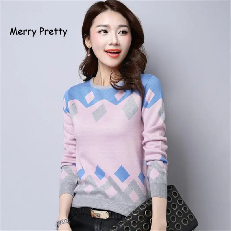 Merry Pretty осенне-зимние женские вязаные свитера с круглым вырезом и длинным рукавом контрастного цвета Повседневный свитер женский пуловер размера плюс 3XL