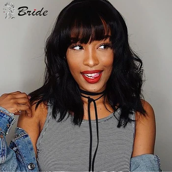 

BRIDE Water Wave Black Wig With Bangs 16in Synthetic Extension Wigs Purple Black Blue Color For Women Hair Cosplay Daily Natural