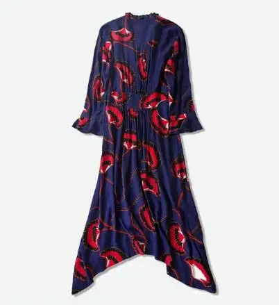 Женское платье вискоза с v-образным вырезом Миди Платье асимметричное платье с воланом - Цвет: Polyester