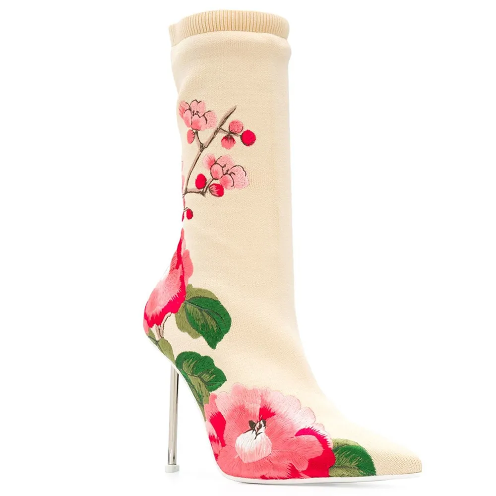 Тянущийся носок с цветочной вышивкой; женские вечерние туфли с острым носком на высоком каблуке-шпильке серебристого цвета; вязаные женские ботильоны
